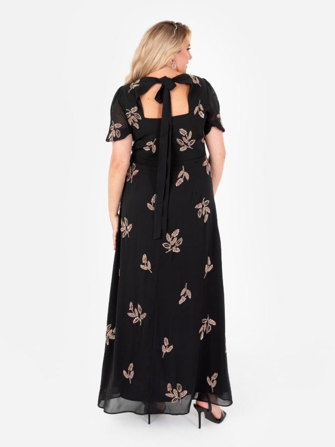 Maya Black Embellished Short Sleeve Maxi Dress with Open Back