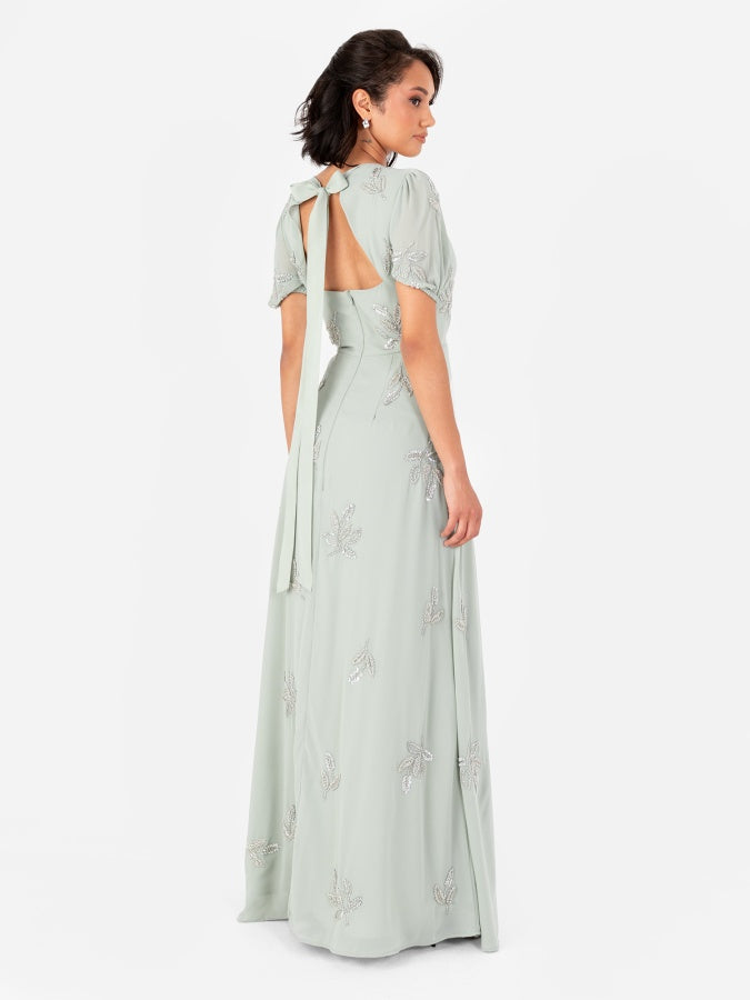 Maya Sage Green Embellished Short Sleeve Maxi Dress with Open Back