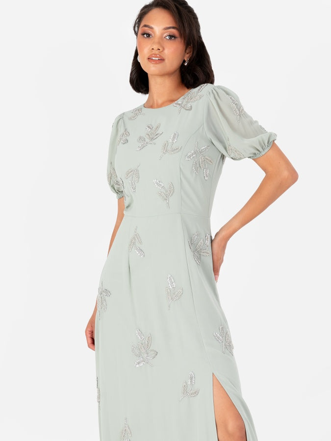 Maya Sage Green Embellished Short Sleeve Maxi Dress with Open Back