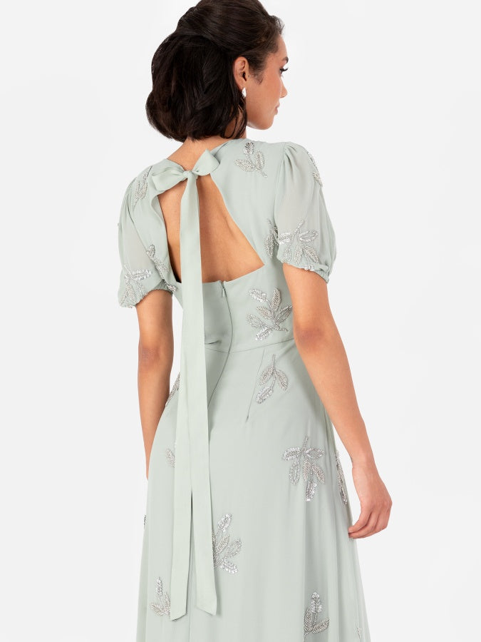Maya Sage Green Embellished Short Sleeve Maxi Dress with Open Back