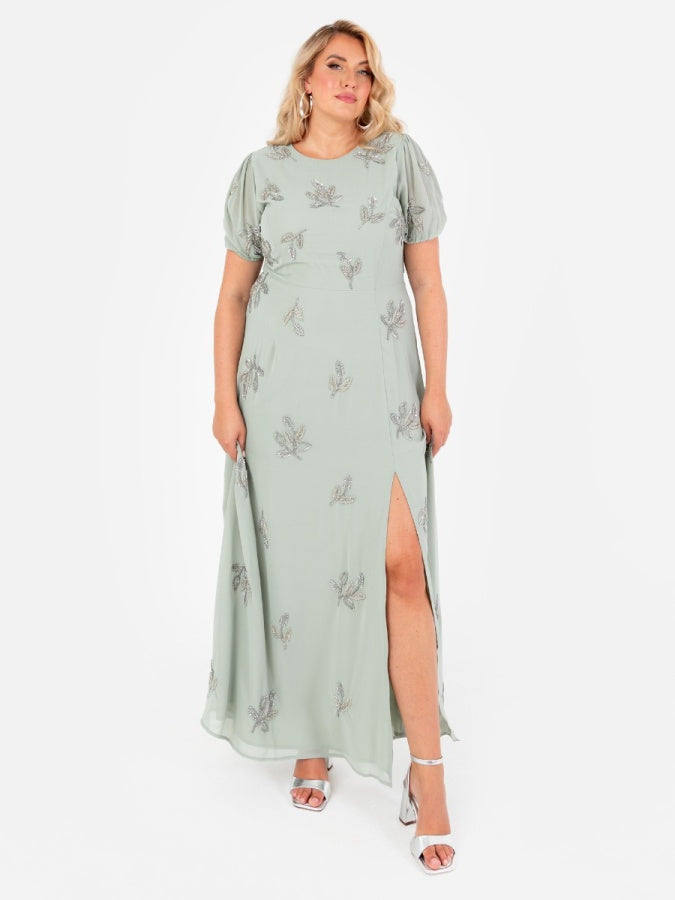 Maya Sage Green Embellished Short Sleeve Maxi Dress with Open Back