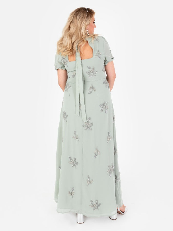 Maya Sage Green Embellished Short Sleeve Maxi Dress with Open Back