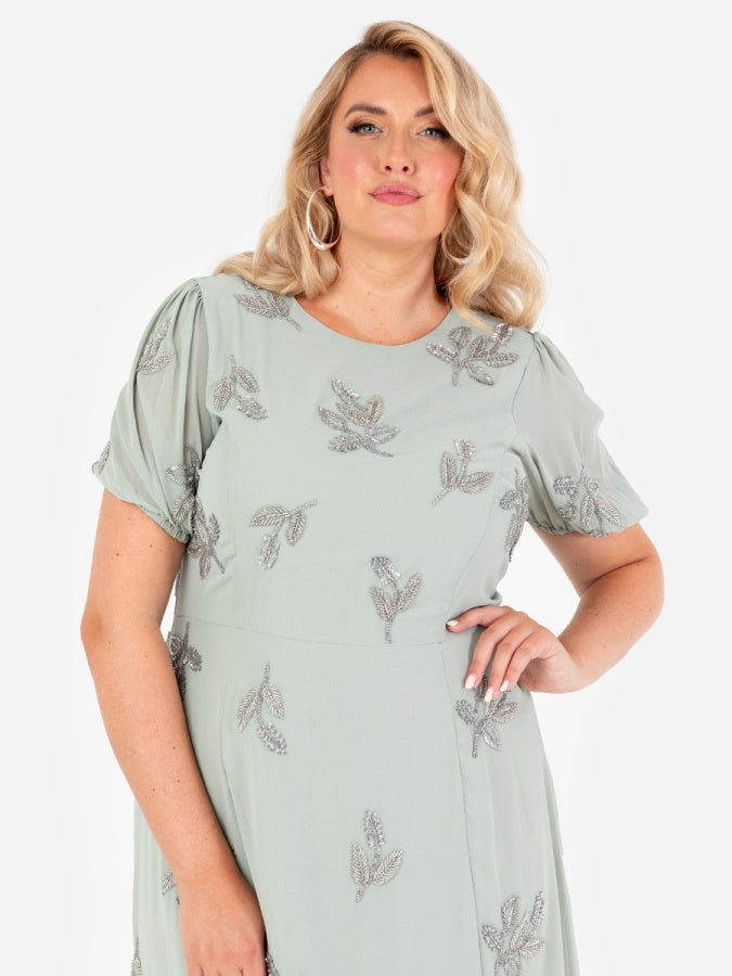 Maya Sage Green Embellished Short Sleeve Maxi Dress with Open Back