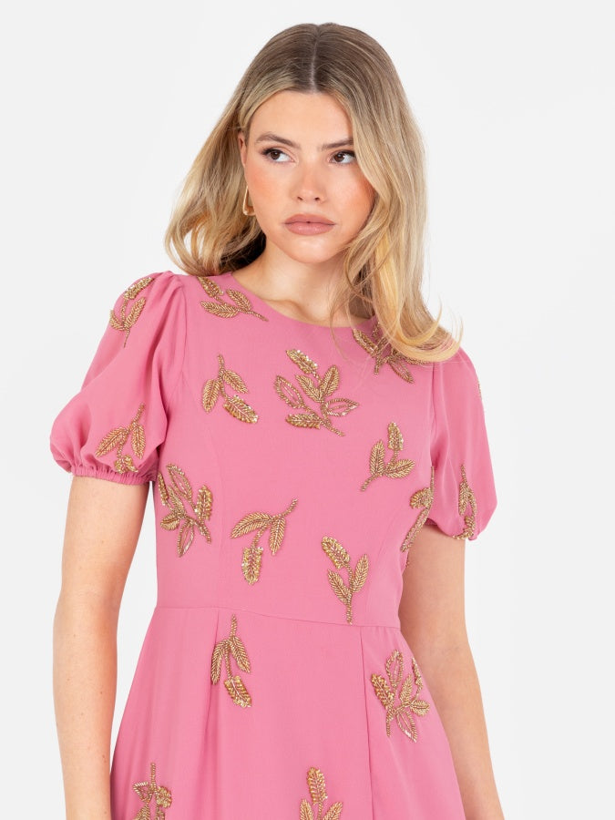 Maya Rosey Pink Floral Motif Short Sleeve Midaxi Dress with Self-Tie Keyhole Back