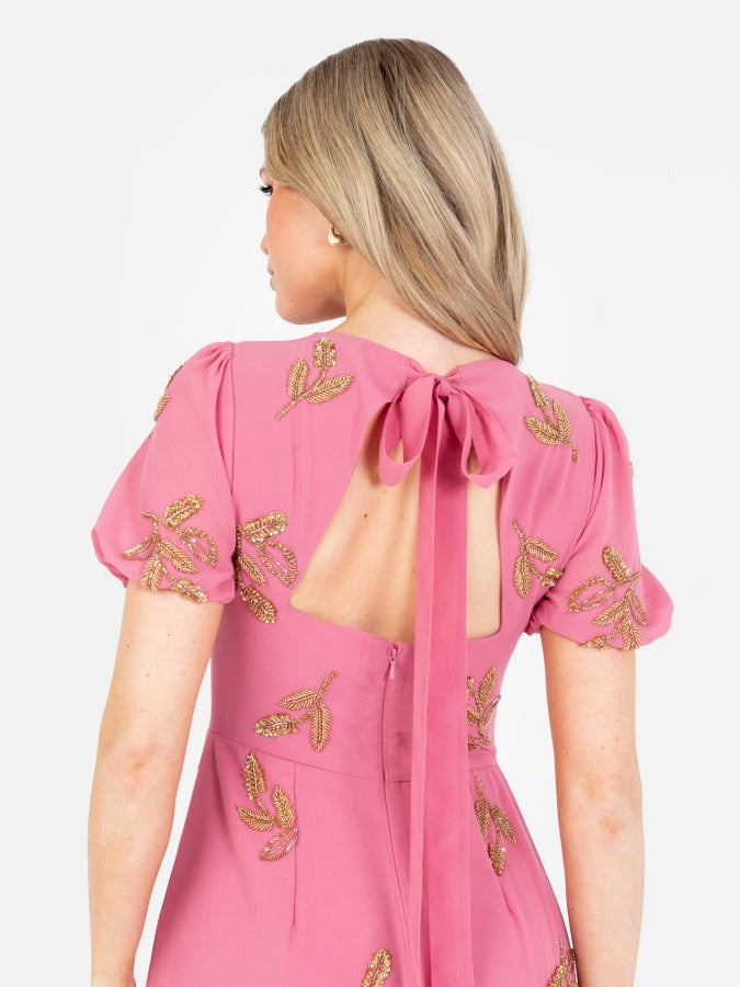 Maya Rosey Pink Floral Motif Short Sleeve Midaxi Dress with Self-Tie Keyhole Back