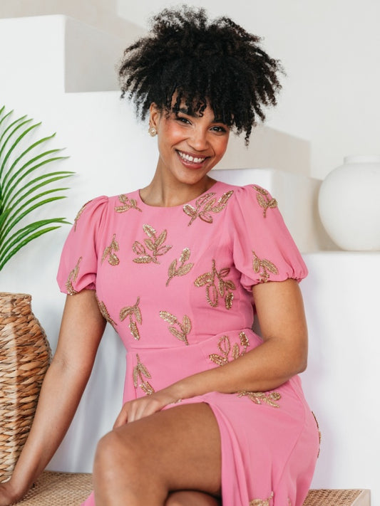 Maya Rosey Pink Floral Motif Short Sleeve Midaxi Dress with Self-Tie Keyhole Back