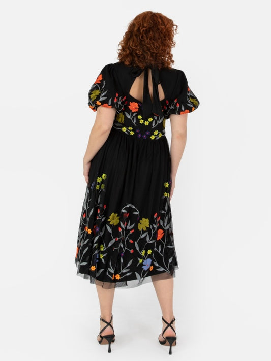 Maya Black Floral Embroidered Midi Dress With Keyhole Back