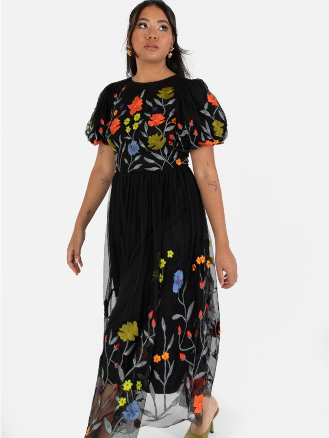 Maya Black Floral Embroidered Midi Dress With Keyhole Back