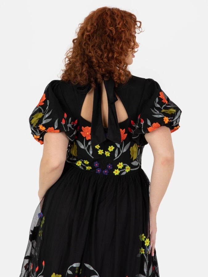 Maya Black Floral Embroidered Midi Dress With Keyhole Back