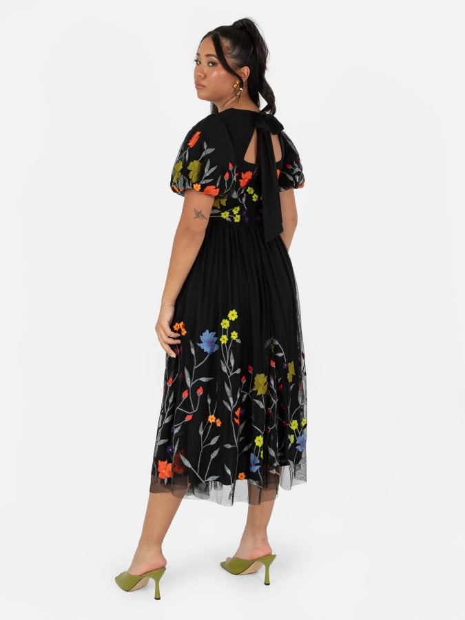 Maya Black Floral Embroidered Midi Dress With Keyhole Back