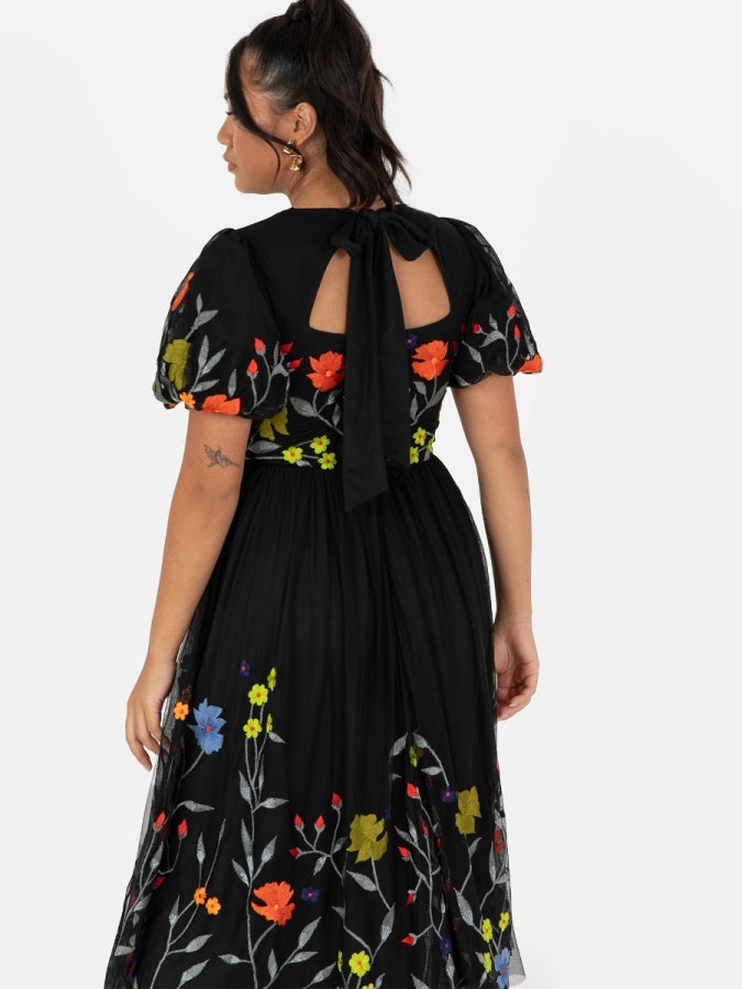 Maya Black Floral Embroidered Midi Dress With Keyhole Back