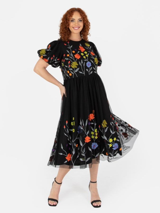 Maya Black Floral Embroidered Midi Dress With Keyhole Back