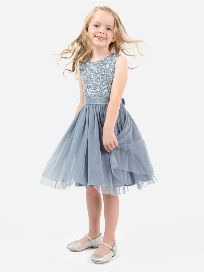Mini Maya Dusty Blue Delicate Sequin Midi Dress With Bow