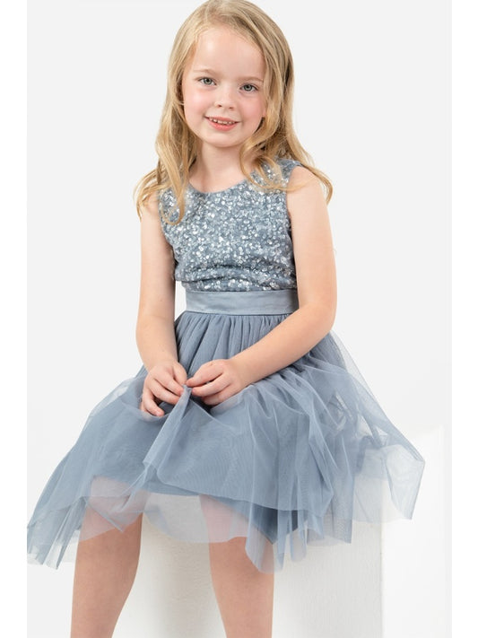 Mini Maya Dusty Blue Delicate Sequin Midi Dress With Bow