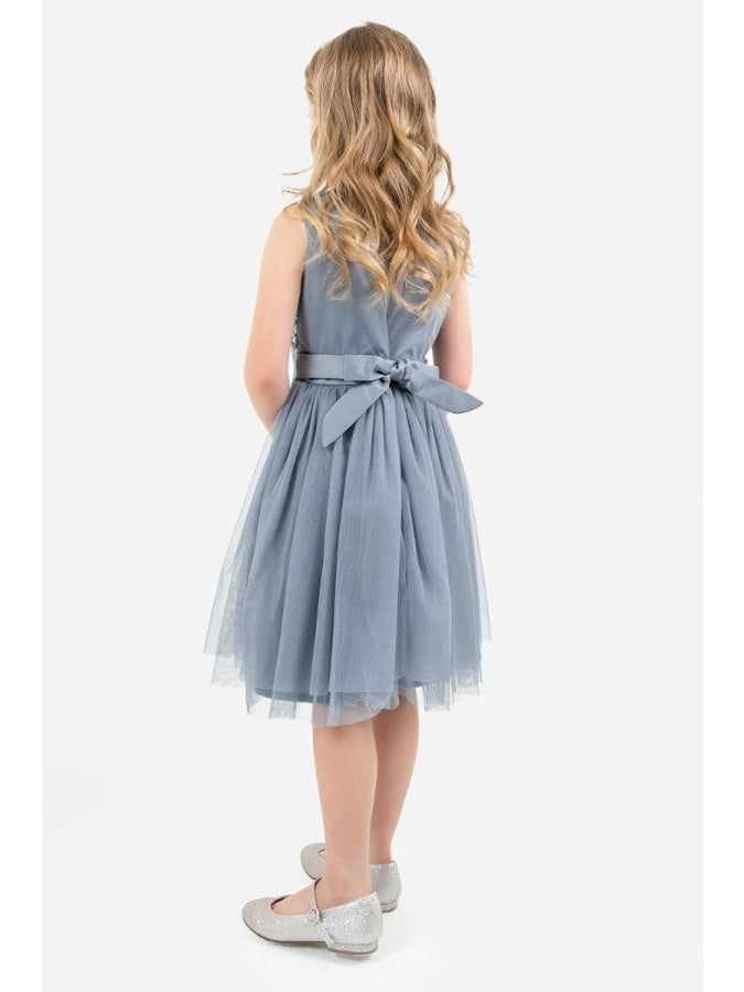 Mini Maya Dusty Blue Delicate Sequin Midi Dress With Bow