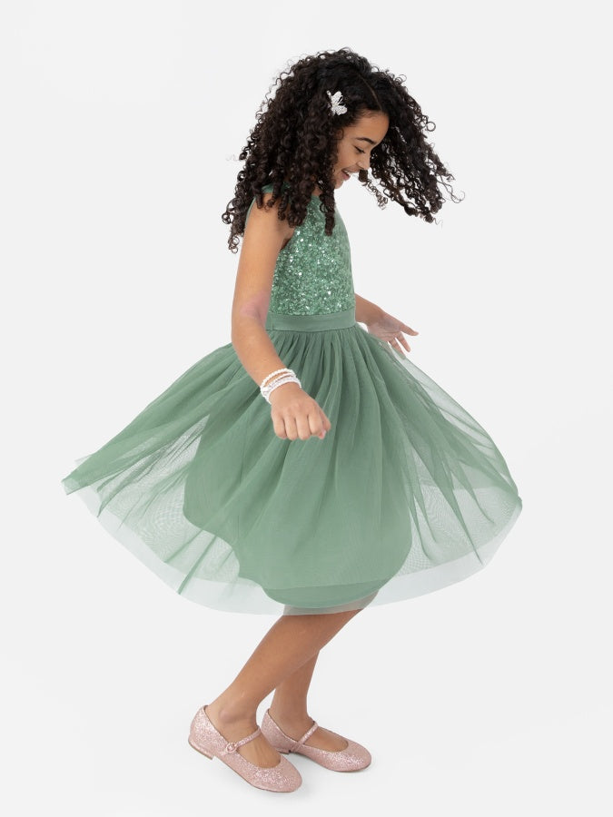 Mini Maya Dark Green Delicate Sequin Midi Dress With Bow