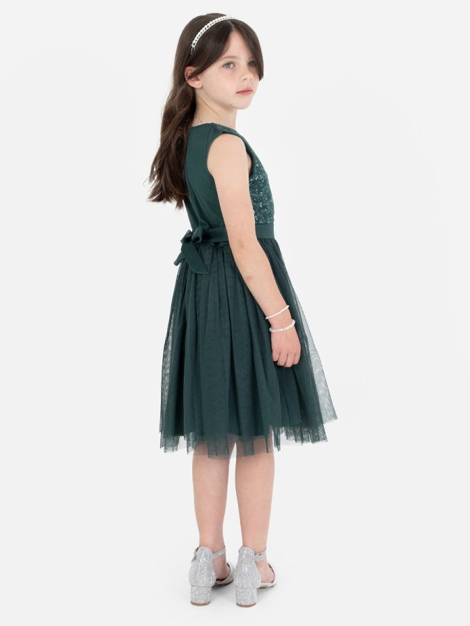 Mini Maya Emerald Green Delicate Sequin Midi Dress With Bow