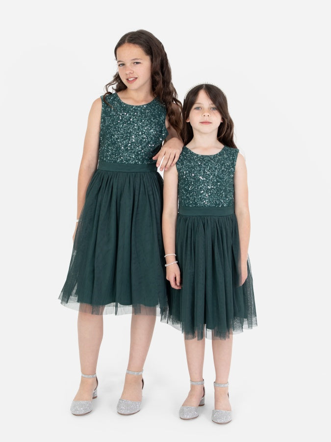 Mini Maya Emerald Green Delicate Sequin Midi Dress With Bow