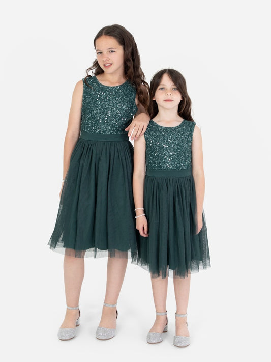 Mini Maya Emerald Green Delicate Sequin Midi Dress With Bow