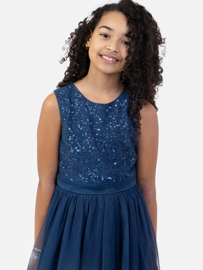 Mini Maya French Navy Delicate Sequin Midi Dress With Bow