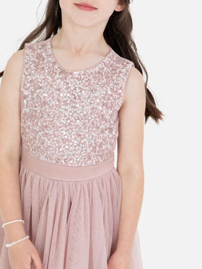 Mini Maya Frosted Pink Delicate Sequin Midi Dress with Bow