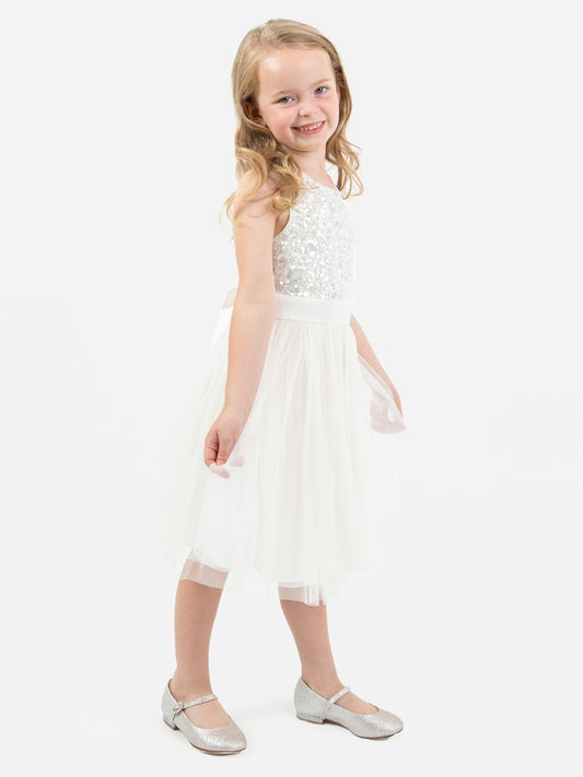 Mini Maya Ivory Delicate Sequin Midi Dress With Bow