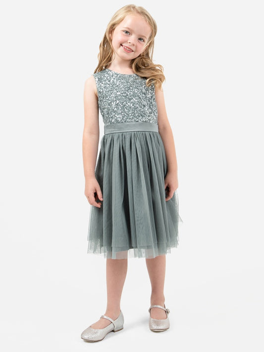 Mini Maya Misty Green Delicate Sequin Midi Dress With Bow