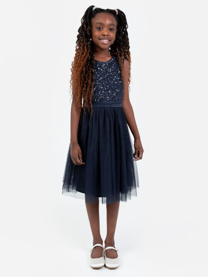 Mini Maya Navy Delicate Sequin Midi Dress With Bow