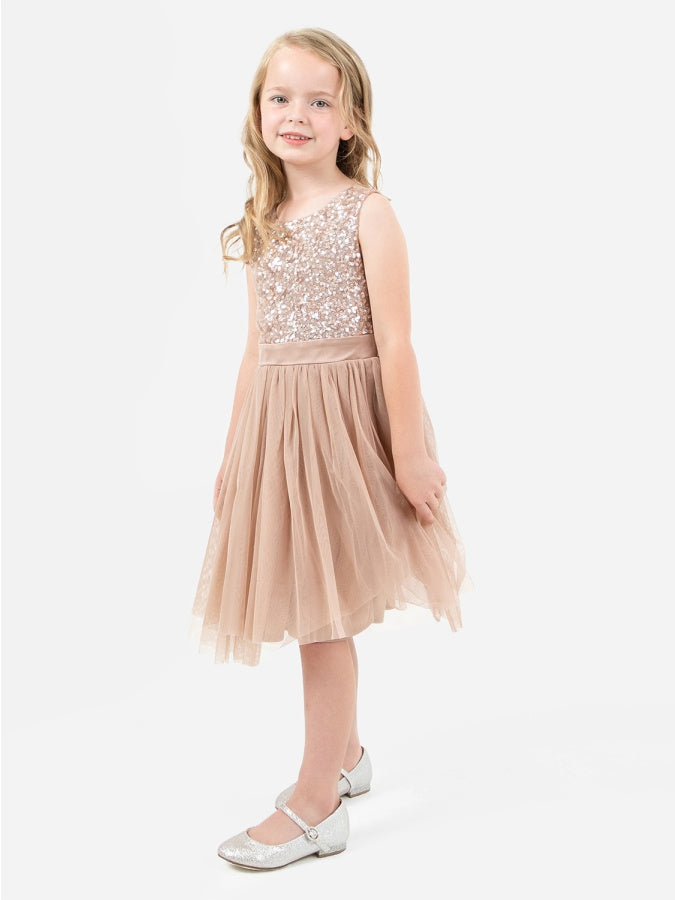 Mini Maya Taupe Blush Delicate Sequin Midi Dress with Bow