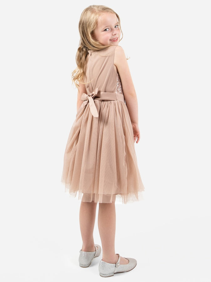 Mini Maya Taupe Blush Delicate Sequin Midi Dress with Bow