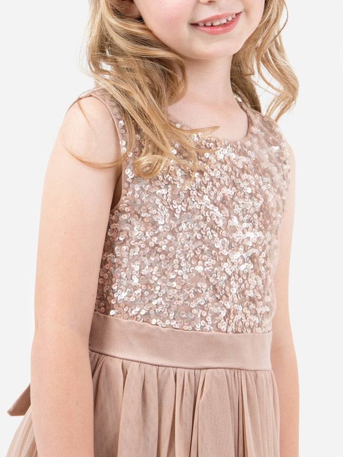Mini Maya Taupe Blush Delicate Sequin Midi Dress with Bow