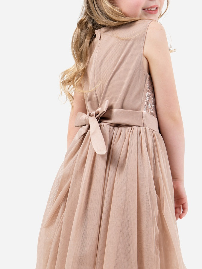 Mini Maya Taupe Blush Delicate Sequin Midi Dress with Bow