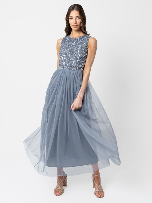 Maya Dusty Blue Sleeveless Embellished Midaxi Dress