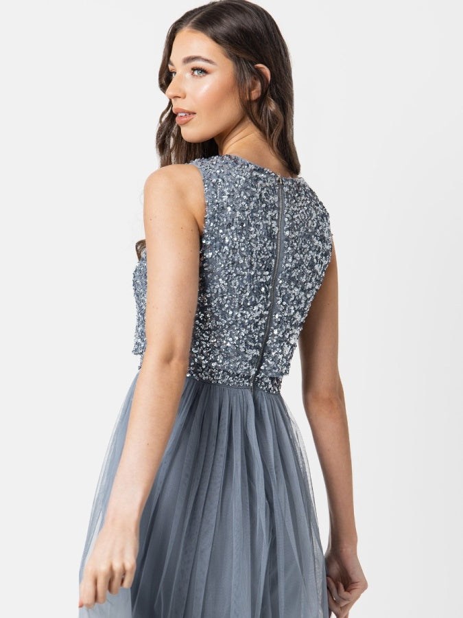 Maya Dusty Blue Sleeveless Embellished Midaxi Dress