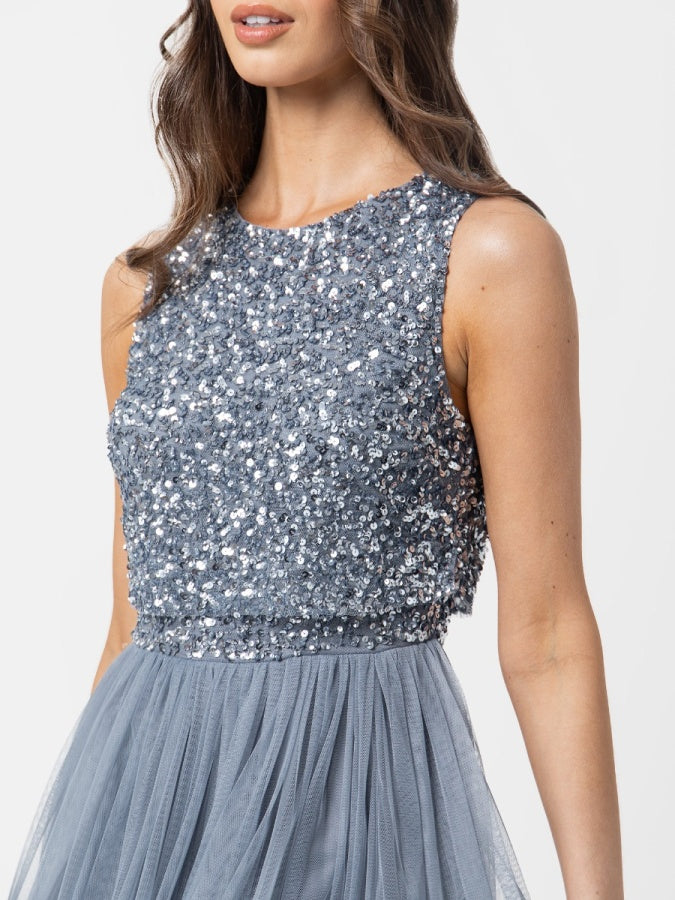 Maya Dusty Blue Sleeveless Embellished Midaxi Dress