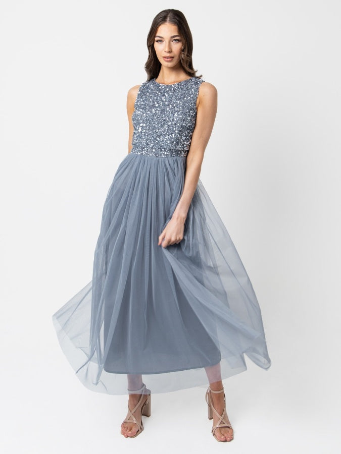 Maya Dusty Blue Sleeveless Embellished Midaxi Dress