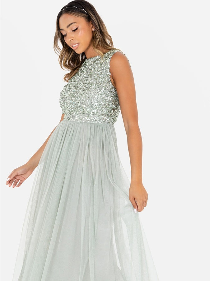 Maya Sage Green Sleeveless Embellished Midaxi Dress