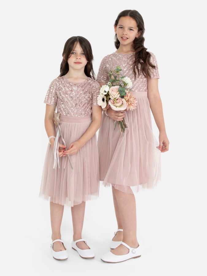 Mini Maya Frosted Pink Stripe Embellished Midi Dress With Bow