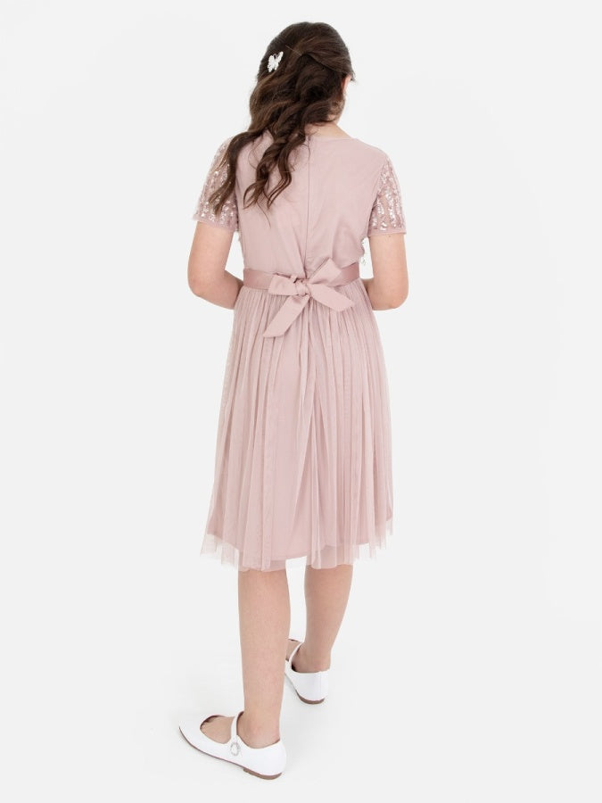 Mini Maya Frosted Pink Stripe Embellished Midi Dress With Bow