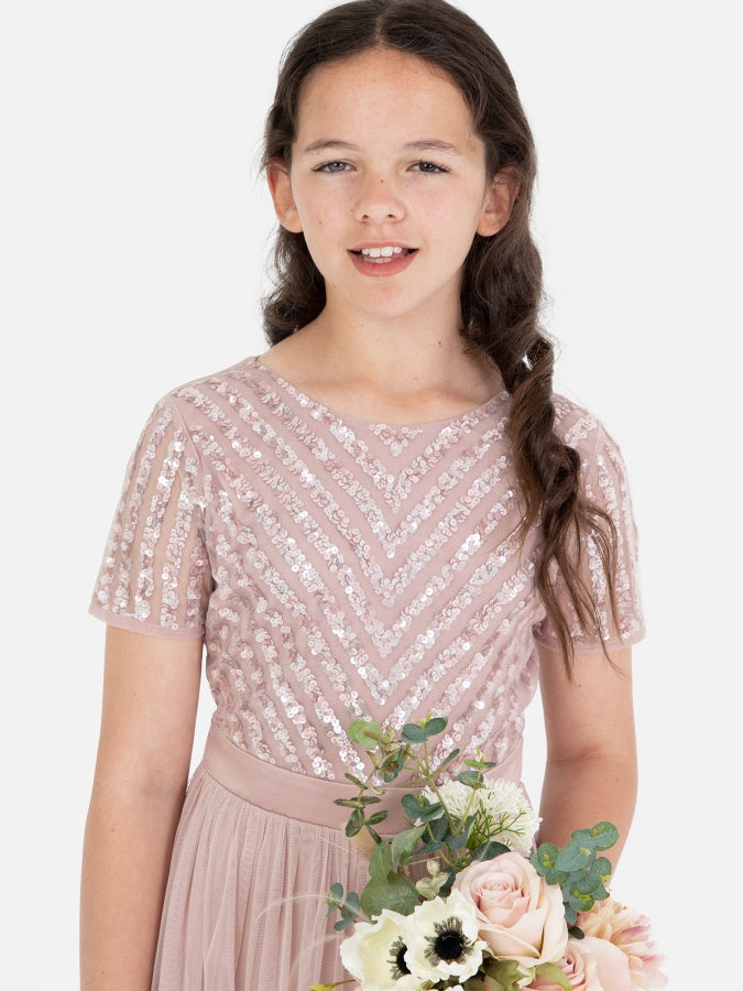 Mini Maya Frosted Pink Stripe Embellished Midi Dress With Bow