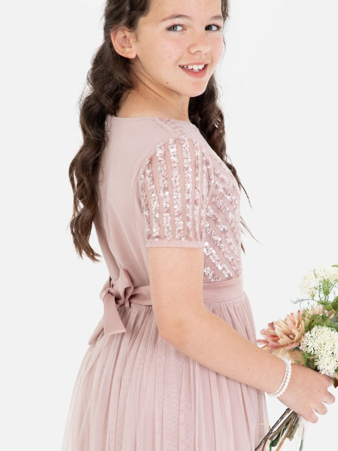 Mini Maya Frosted Pink Stripe Embellished Midi Dress With Bow