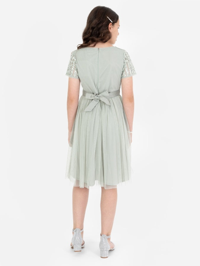 Mini Maya Sage Green Stripe Embellished Midi Dress With Bow