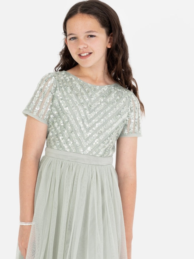 Mini Maya Sage Green Stripe Embellished Midi Dress With Bow