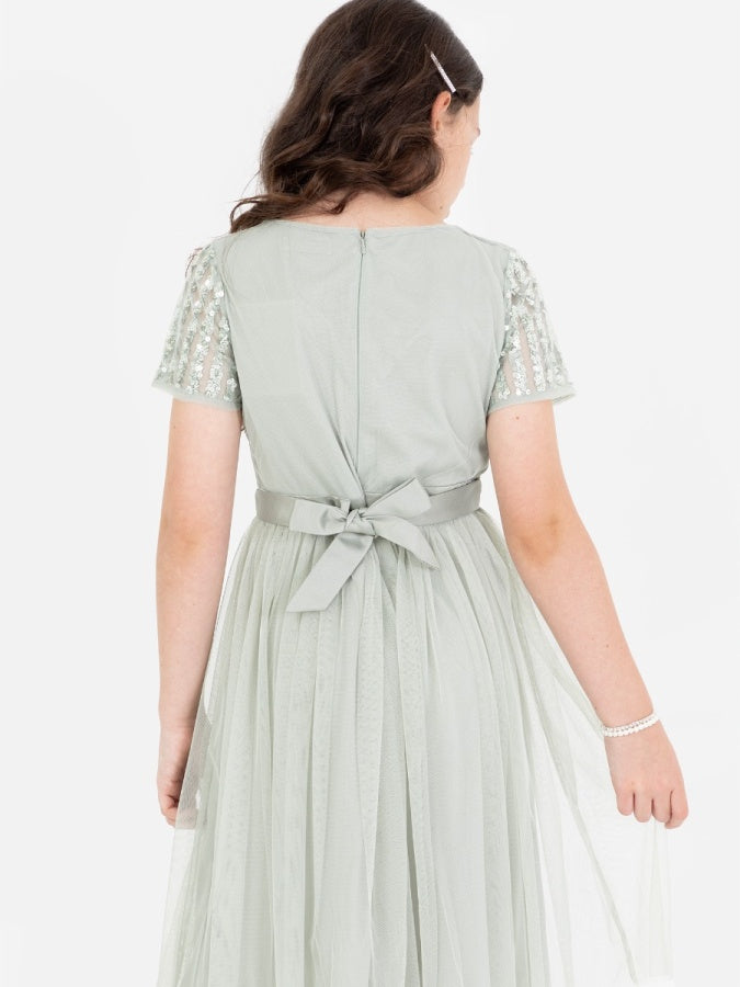 Mini Maya Sage Green Stripe Embellished Midi Dress With Bow
