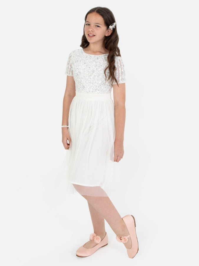 Mini Maya Ivory Stripe Embellished Midi Dress With Bow