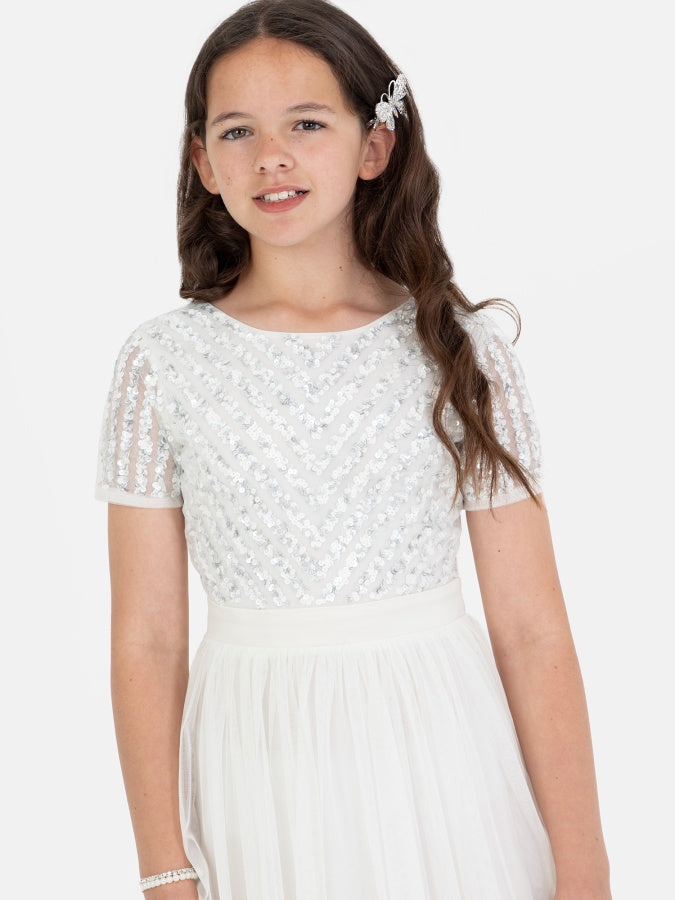 Mini Maya Ivory Stripe Embellished Midi Dress With Bow