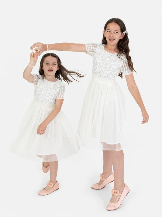 Mini Maya Ivory Stripe Embellished Midi Dress With Bow