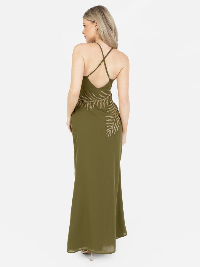 Maya Olive Palm Leaf Embellished Strappy Cross Back Maxi Dress