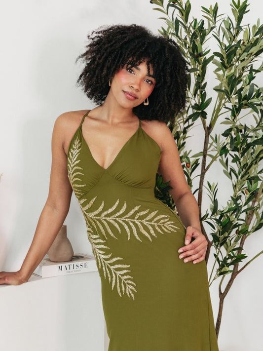 Maya Olive Palm Leaf Embellished Strappy Cross Back Maxi Dress