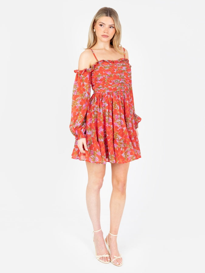 Anaya With Love Recycled Floral Print Bardot Long Sleeve Mini Dress